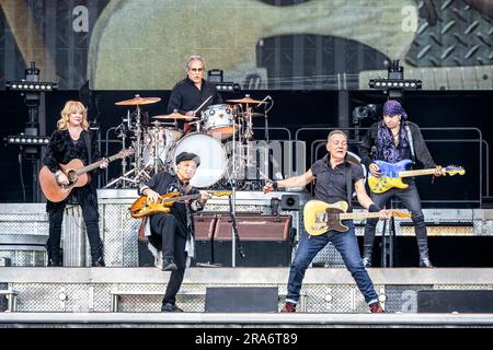 Oslo, Norway. 30th June, 2023. The American singer, songwriter and musician Bruce Springsteen performs a live concert with The E Street Band at Voldslokka in Oslo. Here Springsteen is seen live on stage with guitarist Nils Lofgren (L). (Photo Credit: Gonzales Photo/Alamy Live News Stock Photo