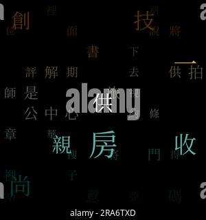 Abstract background. Random characters of Chinese traditional alphabet. Gradiented matrix pattern. Brown, blue, green color theme backgrounds. Stock Vector