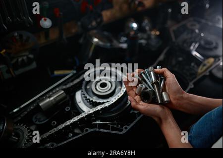 Different work tools and spare parts in female hands closeup shot Stock Photo
