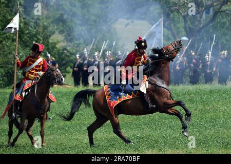 Chlum, Czech Republic. 1st July, 2023. People dressed as soldiers of the Austrian and Prussian army on the top of the hill Chlum near Hradec Kralove city paid tribute to the fallen soldiers by Battle scene 'The 18th Infantry Regiment from Hradec Kralove in the Battle of Chlum 1866' in the Chlum in the Czech Republic. (Credit Image: © Slavek Ruta/ZUMA Press Wire) EDITORIAL USAGE ONLY! Not for Commercial USAGE! Stock Photo