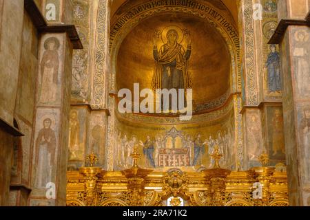 St. Sophia church interior. Golden mosaic of Virgin Mary. Ancient christian cathedral. Saint Sophia fresco. Ukrainian religious architecture. Stock Photo