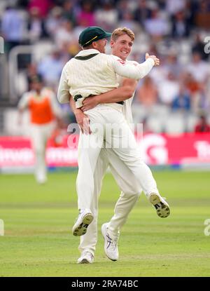 Australia's Cameron Green celebrates the wicket of England's Ben Duckett (not pictured) before an umpire review rules him not out during day four of the second Ashes test match at Lord's, London. Picture date: Saturday July 1, 2023. Stock Photo