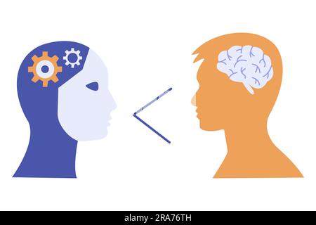 Human and robot head silhouette. Human brain versus mechanical parts, gears. Man or artificial intelligence. Technological development of future. Colo Stock Vector