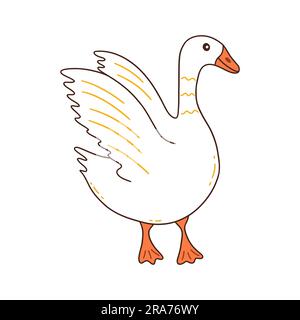 White goose walks with its wings up. Wild or household bird, farming. Poultry. Colorful vector isolated illustration hand drawn doodle Stock Vector