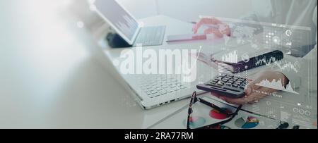 Business Financing Accounting Banking Concept, Businessman doing finances and calculating financial report with business graph growth cahrt, finance a Stock Photo