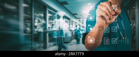 Doctor working on modern computer and taking survey, ticking answers at screen documents folders.insurrance  Health care, medicine concept. Stock Photo