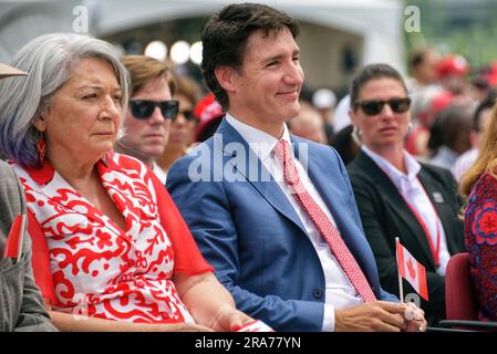 Ottawa, Canada - July 1, 2023: Governor General Mary Simon and Prime Minister Justin Trudeau attend the Canada Day celebration at LeBreton Flats. Simon is Inuk and the first Indigenous person to hold the office of Governor General. Stock Photo