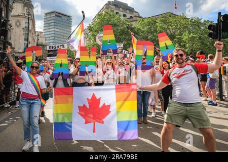 London, UK. 01st July, 2023. The Canadian Embassy with their group. Participants, revellers and spectators along the route of the Pride in London 2023 Parade. 35,000 people are expected to be marching in the parade this year with around 600 groups made up from LGBT  communities. Credit: Imageplotter/Alamy Live News Stock Photo