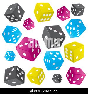 Dices with CMYK colors, decorative background.  Illustration of Colorful Dice in print colors on the white background. Stock Vector
