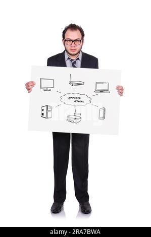 businessman holding poster with drawing computer network Stock Photo
