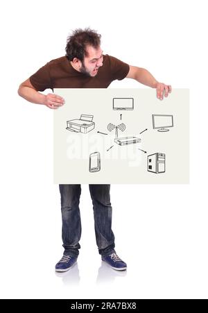 crazy man holding signboard with computer network Stock Photo
