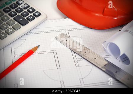 calculator, hamlet and pencil on table engineer Stock Photo
