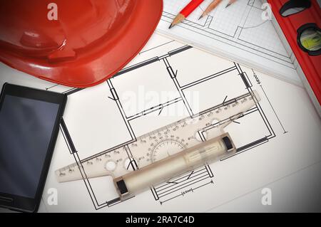 apartment  blueprint and tools on desktop, workspace engineer Stock Photo