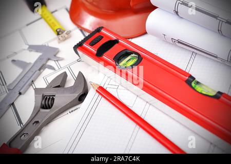 workspace engineer, blueprint and tools on the desktop Stock Photo