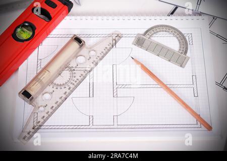 blueprint and tools on the desktop, workspace engineer Stock Photo