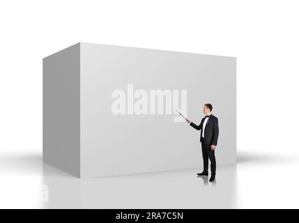 businessman points on the pointer to big concrete wall Stock Photo