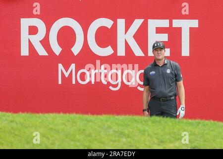 Detroit, Michigan, USA. 30th June, 2023. KYLE REIFERS (USA) surveys where to land his approach shot on the green of the fourteenth hole at the Detroit Golf Club during the third round of the Rocket Mortgage Classic in Detroit, Michigan. Reifers finished the round six under par. (Credit Image: © Brian Dempsey/ZUMA Press Wire) EDITORIAL USAGE ONLY! Not for Commercial USAGE! Stock Photo