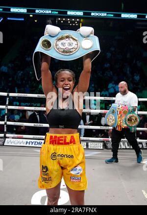 Natasha Jonas celebrates victory against Kandi Wyatt after their IBF International welterweight title bout at the AO Arena, Manchester. Picture date: Saturday July 1, 2023. Stock Photo