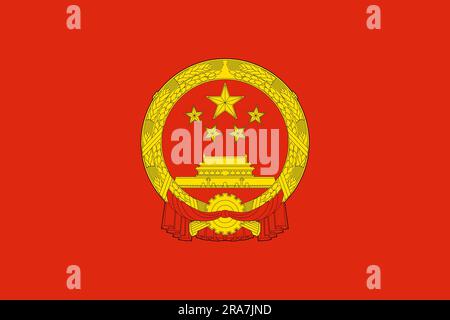 The official current flag and coat of arms of the People's Republic of China. State flag of the People's Republic of China. Illustration. Stock Photo