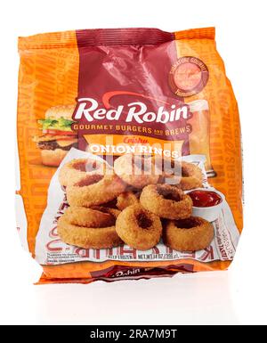 Winneconne, WI - 25 June 2023: A package of Red Robin onion rings on an isolated background. Stock Photo