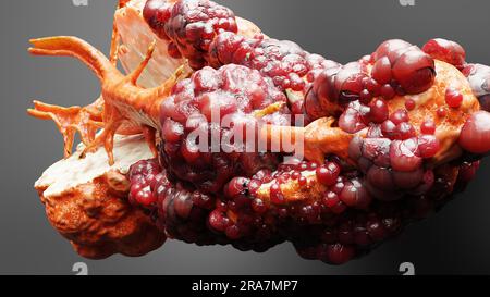 Pancreatic illness, digestive gland, Human pancreas cancer anatomy diagram, medically accurate, malignant tumor growing and spreading, mutating cells, Stock Photo