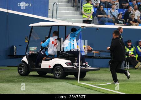 Saint Petersburg, Russia. 01st July, 2023. Agil Mammadov (No.30) of Neftci got injured during the Pari Premier Cup football match between Zenit Saint Petersburg and Neftci Baku at Gazprom Arena. Zenit FC team won against Neftci Baku with a final score of 3:1. Credit: SOPA Images Limited/Alamy Live News Stock Photo