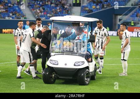 Saint Petersburg, Russia. 01st July, 2023. Agil Mammadov (No.30) of Neftci got injured during the Pari Premier Cup football match between Zenit Saint Petersburg and Neftci Baku at Gazprom Arena. Zenit FC team won against Neftci Baku with a final score of 3:1. Credit: SOPA Images Limited/Alamy Live News Stock Photo