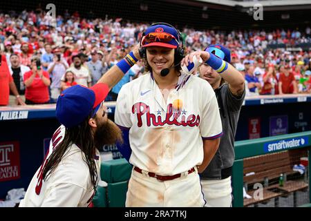 Philadelphia Phillies' Bryson Stott is doused by teammates after hitting a  walk-off three run home run during the ninth inning of a baseball game off  Los Angeles Angels' Jimmy Herget, Sunday, June