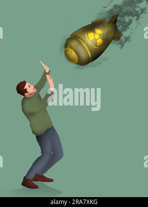 Prevent nuclear war. Atomic weapon falling towards man who trying to evade it on green background, illustration Stock Photo