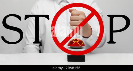 Prevent nuclear war. Word Stop and prohibition sign instead of letter O with man hitting red button of nuclear weapon, banner design Stock Photo
