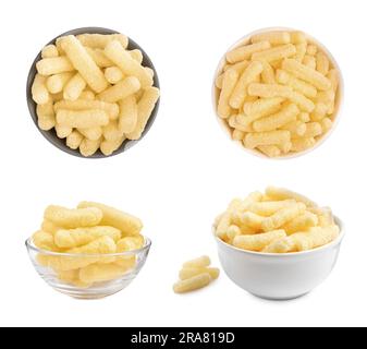 Bowls with tasty corn sticks on white background, collage design Stock Photo