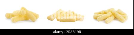 Piles with tasty corn sticks on white background, collage design Stock Photo