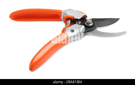 Secateurs with orange handles isolated on white. Gardening tool Stock Photo