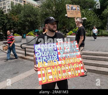 New York, USA. 01st July, 2023. Protesters gathered on Union Square in New York on July 1, 2023 in support of Ukraine and voice for more weapons and ammunitions to be sent to Ukraine to help defeat Russia. (Photo by Lev Radin/Sipa USA) Credit: Sipa USA/Alamy Live News Stock Photo