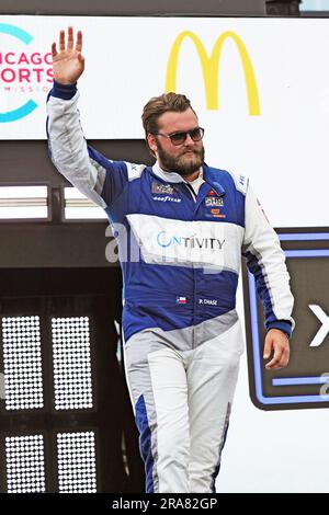 Chicago, USA, 01 July 2023. Parker Chase is introduced to the crowd before the inaugural The Loop 121 NASCAR Xfinity Series Chicago Street Course race held in and around Grant Park. Credit: Tony Gadomski / All Sport Imaging / Alamy Live News Stock Photo