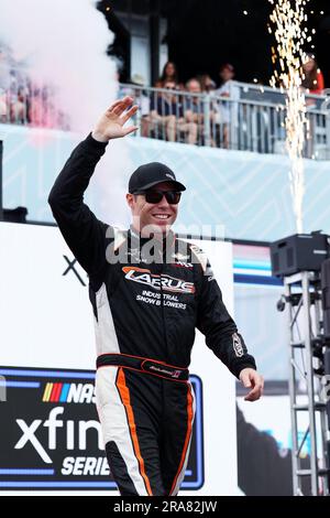 Chicago, USA, 01 July 2023. Alex Labbe is introduced to the crowd before the inaugural The Loop 121 NASCAR Xfinity Series Chicago Street Course race held in and around Grant Park. Credit: Tony Gadomski / All Sport Imaging / Alamy Live News Stock Photo