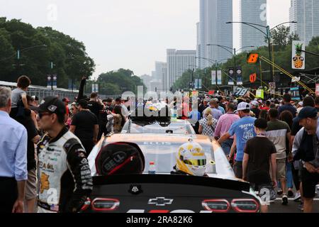 Chicago, USA, 01 July 2023. View of pit road looking south at the inaugural The Loop 121 NASCAR Xfinity Series Chicago Street Course race held in and around Grant Park. Credit: Tony Gadomski / All Sport Imaging / Alamy Live News Stock Photo