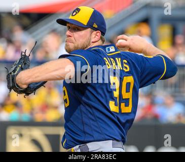 Milwaukee Brewers' Corbin Burnes thorws during a spring training baseball  workout Thursday, Feb. 16, 2023, in Phoenix. (AP Photo/Morry Gash Stock  Photo - Alamy