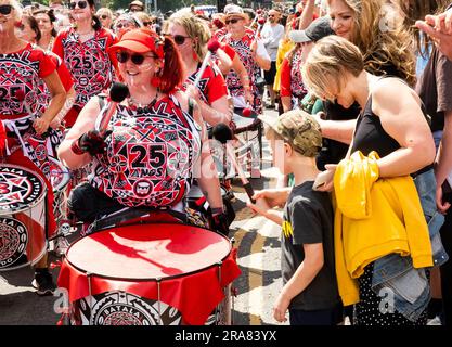 St Pauls, Bristol, UK. 1st July 2023. St Pauls Carnival, the return of an iconic and vibrant carnival and procession, attracting around 100,000 people. Organised by the St Pauls Carnival Community Interest Company (CIC). Credit: Stephen Bell/Alamy Live News Stock Photo