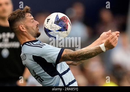 Kansas City, USA. 16th Nov, 2022. Sporting Kansas City defender Tim Leibold  (14) lines up a shot on goal. Sporting KC hosted the LA Galaxy in a Major  League Soccer game on