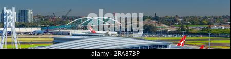 A panorama of the construction site at the 'Sydney Gateway' road project, seen from the Domestic Terminal of Sydney (Kingsford Smith) Airport in Sydne Stock Photo