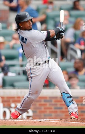 Miami Marlins' Jean Segura bats during the fifth inning of a baseball game  against the Cleveland Guardians, Sunday, April 23, 2023, in Cleveland. (AP  Photo/Nick Cammett Stock Photo - Alamy