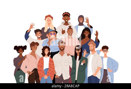 Multicultural group of people, multinational society, teamwork, friendship concept, cooperation, female and male characters. Flat cartoon vector illus Stock Vector