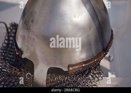 Helmet of a medieval warrior of the Russian squad. Objects of medieval Russia life of the 13th century Stock Photo