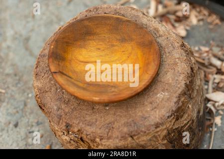 Wooden bowl with wood chips top view Stock Photo