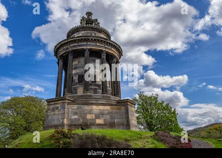 The Burns Monument at the foot of Calton Hill in city of Edinburgh, Scotland, UK. Monument modelled on the Choragic Monument to Lysicrates in Athens, Stock Photo