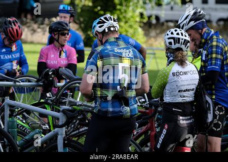 Melrose, UK. 02nd July, 2023. Cyclists from across the country arrive at Melrose, to take part in the Doddie Ride 2023, There are three DoddieÕ5 Ride distance options C the 93 mile DoddieÕ5 Big Yin, the 60 mile DoddieÕ5 Classic and the 22 mile DoddieÕ5 Challenge. All three distances start and finish at Melrose RFC. DoddieÕ5 Big Yin follows the Classic route until Kelso where it branches off on a 33 mile loop via Coldstream before rejoining the Classic towards a well earned lunch at Jedforest RFC. Credit: Rob Gray/Alamy Live News Stock Photo