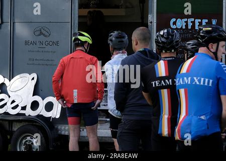 Melrose, UK. 02nd July, 2023. Cyclists from across the country arrive at Melrose, to take part in the Doddie Ride 2023, There are three DoddieÕ5 Ride distance options C the 93 mile DoddieÕ5 Big Yin, the 60 mile DoddieÕ5 Classic and the 22 mile DoddieÕ5 Challenge. All three distances start and finish at Melrose RFC. DoddieÕ5 Big Yin follows the Classic route until Kelso where it branches off on a 33 mile loop via Coldstream before rejoining the Classic towards a well earned lunch at Jedforest RFC. Credit: Rob Gray/Alamy Live News Stock Photo