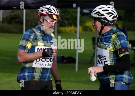 Melrose, UK. 02nd July, 2023. Cyclists from across the country arrive at Melrose, to take part in the Doddie Ride 2023, There are three DoddieÕ5 Ride distance options C the 93 mile DoddieÕ5 Big Yin, the 60 mile DoddieÕ5 Classic and the 22 mile DoddieÕ5 Challenge. All three distances start and finish at Melrose RFC. DoddieÕ5 Big Yin follows the Classic route until Kelso where it branches off on a 33 mile loop via Coldstream before rejoining the Classic towards a well earned lunch at Jedforest RFC. Credit: Rob Gray/Alamy Live News Stock Photo