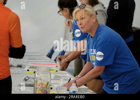 Melrose, UK. 02nd July, 2023. Cyclists from across the country arrive at Melrose, to take part in the Doddie Ride 2023, There are three DoddieÕ5 Ride distance options C the 93 mile DoddieÕ5 Big Yin, the 60 mile DoddieÕ5 Classic and the 22 mile DoddieÕ5 Challenge. All three distances start and finish at Melrose RFC. DoddieÕ5 Big Yin follows the Classic route until Kelso where it branches off on a 33 mile loop via Coldstream before rejoining the Classic towards a well earned lunch at Jedforest RFC. Credit: Rob Gray/Alamy Live News Stock Photo